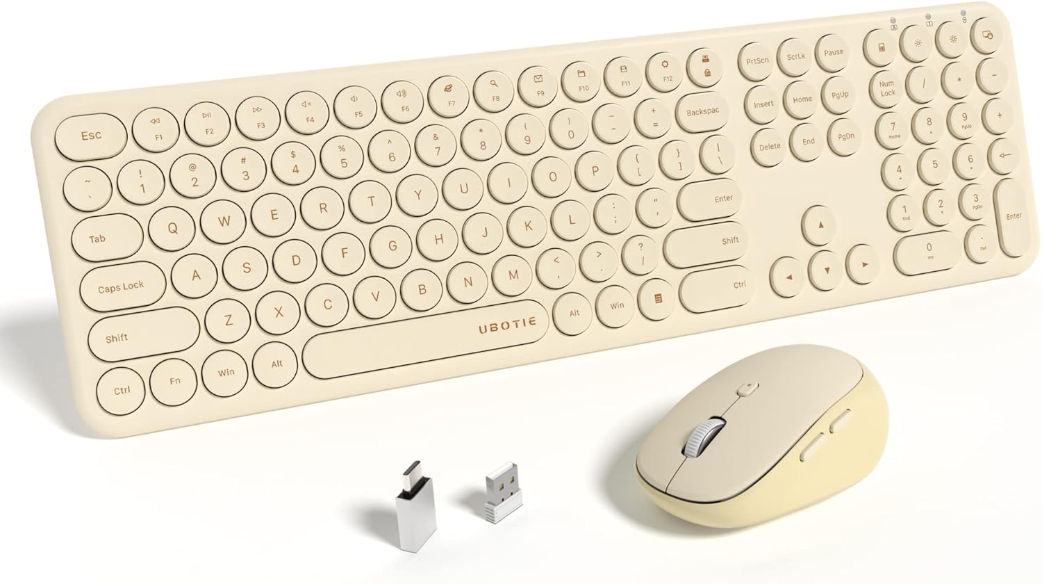 UBOTIE Wireless Keyboards and Mouse, Quiet Scissor Switches Slim Keyboards Mice Set, Silent Full Size 111 Round Keycaps with Adjustable DPI Mouse, Power On/Off Button for PC Laptop (Light Khaki)