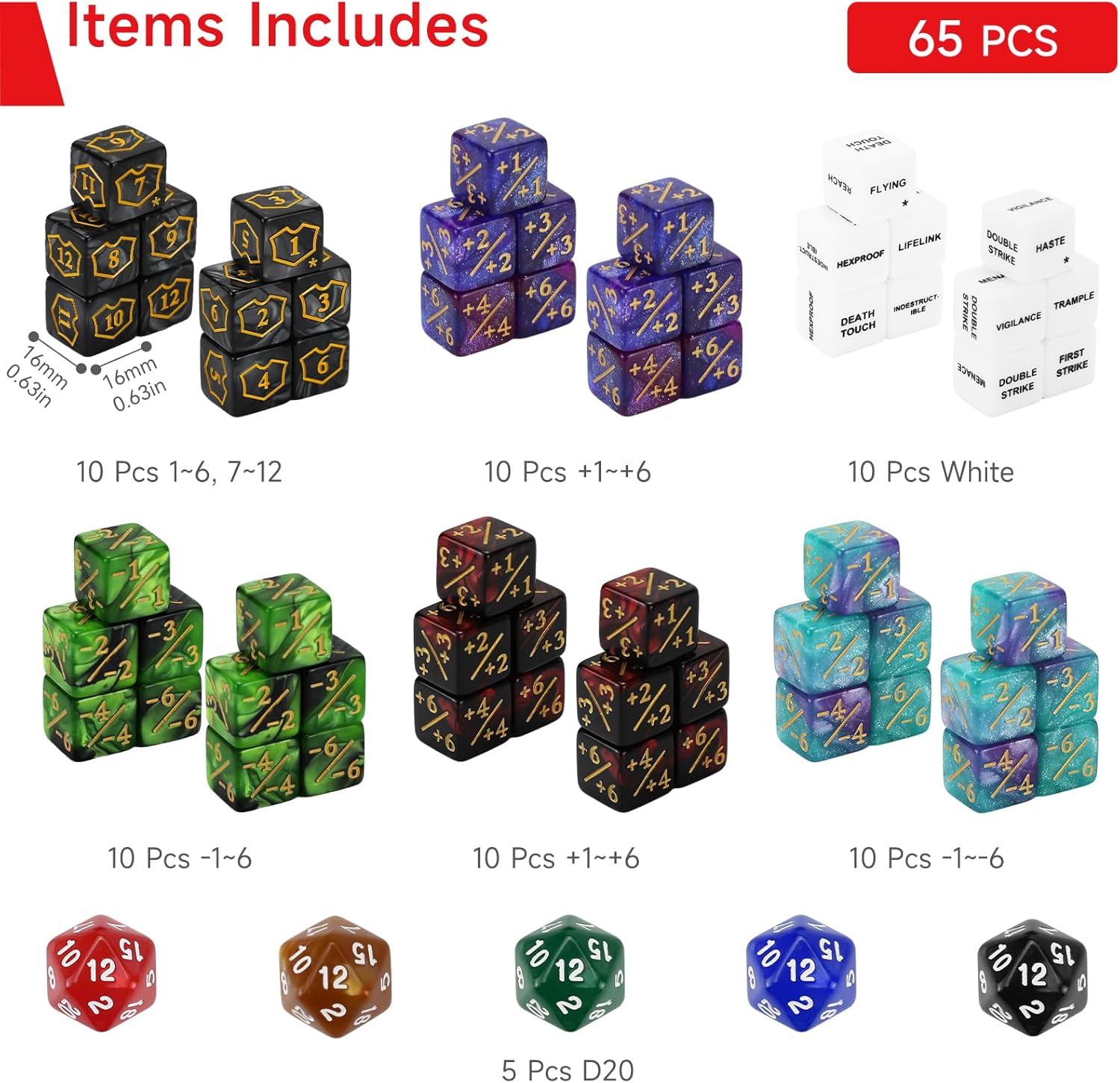 SIXPOINTS 65PCS MTG Dice Counters Bulk Ability Keywords +1/-1 Tokens 6 Sided & D20 Dice Set for Magic The Gathering, MTG, TCG, Card Games Accessories - Image 2