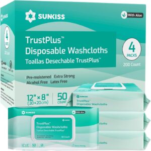 SUNKISS Trustplus Wet Wipes for Adult No Rinse, Extra Large 8”x12” Body Cleaning Washcloths for Elderly Incontinence & Cleansing, Unscented, 200 Count (4 Packs of 50)