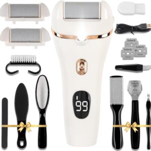 Electric Callus Remover for Feet, 17-in-1 Professional Pedicure Kit, Foot Scrubber Electric Foot File for Hard Cracked Dry Dead Skin, 3 Rollers, 2 Speed, Battery Display