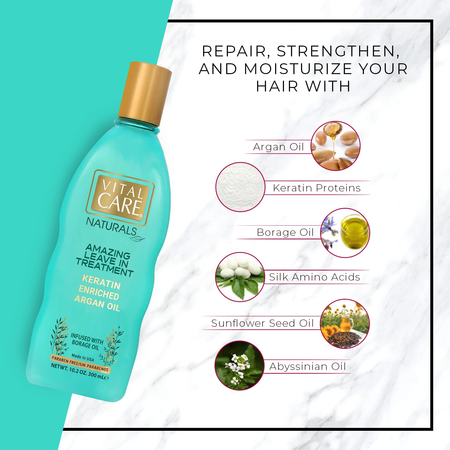 Vital Care Keratin Amazing Leave In Argan Oil Treatment - Gentle Keratin Complex Hair Treatment is Non-Stripping for Daily Use, Hydrating & Repairing – Abyssinian & Sunflower Oil and Silk Amino Acids - Image 3