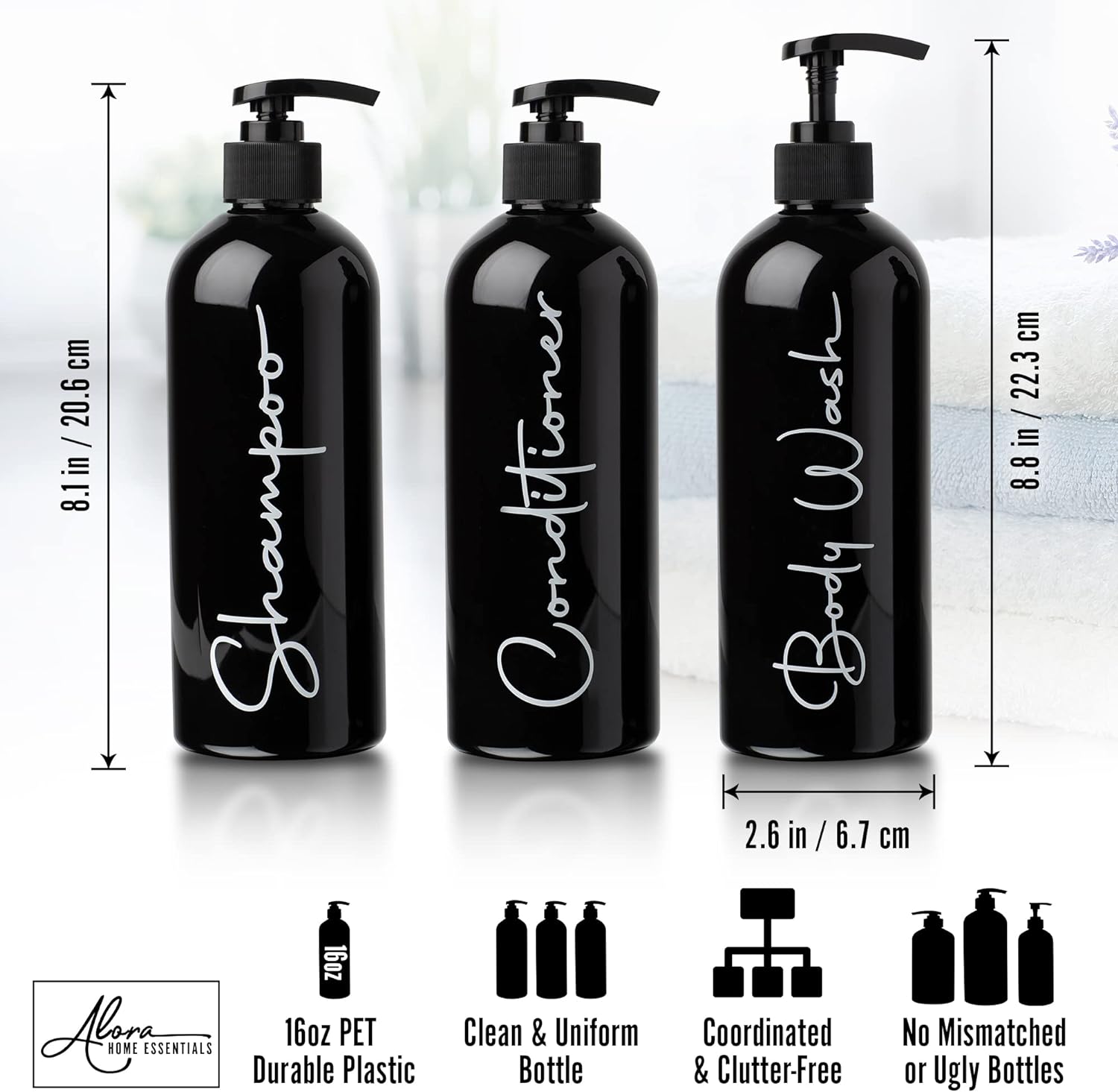 Alora Reusable Shampoo and Conditioner Bottles - Set of 3 - Matte Black - Permanent Stylish Labels - 16oz Pump Bottle Dispenser for Shampoo, Conditioner, Body Wash - Plastic Refillable Containers… - Image 3