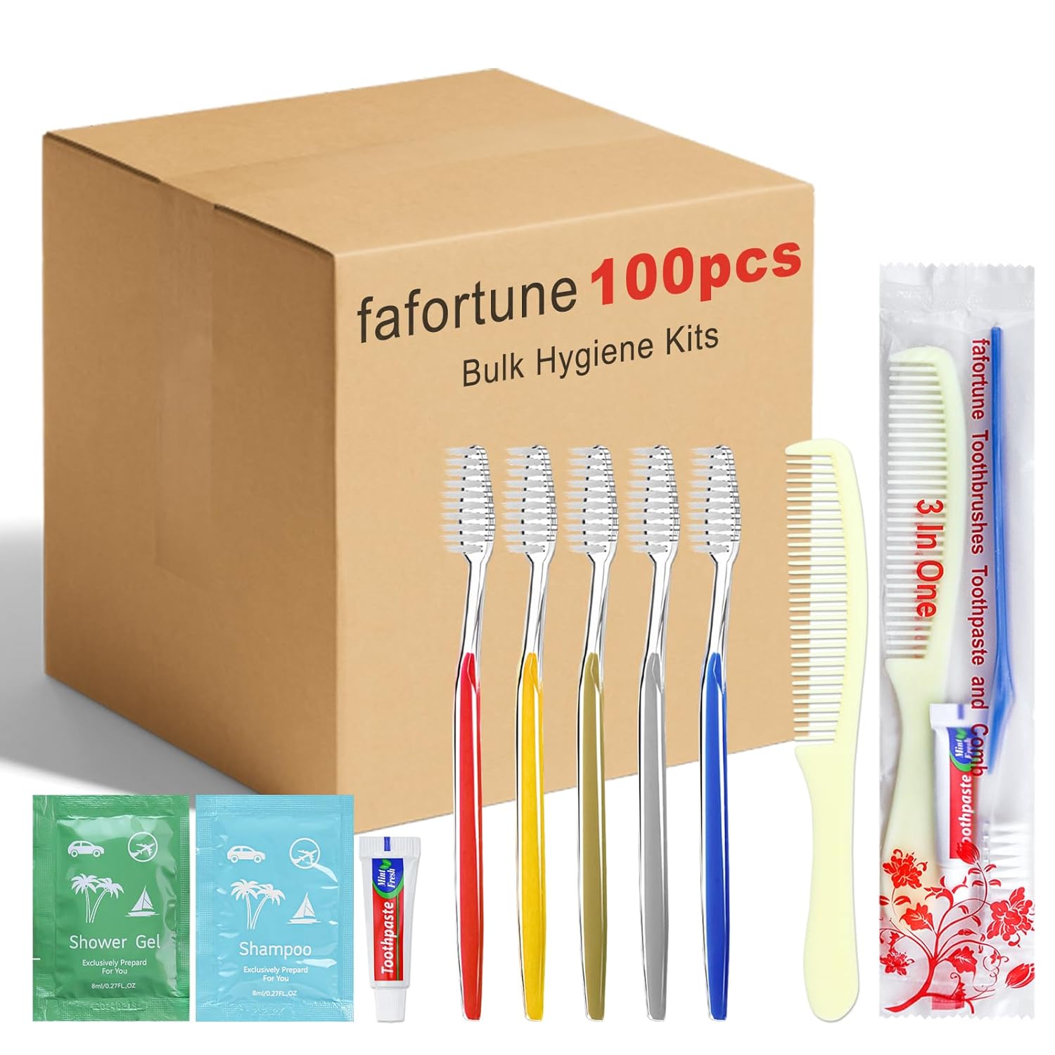 Bulk Hygiene Kits for Homeless,Disposable Toothbrushes with Toothpaste and Comb for Homeless Individually Wrapped,Basic Toiletry Kits Travel Size Shampoo And Body Wash For Hotel,Air Bnb Charity(100)