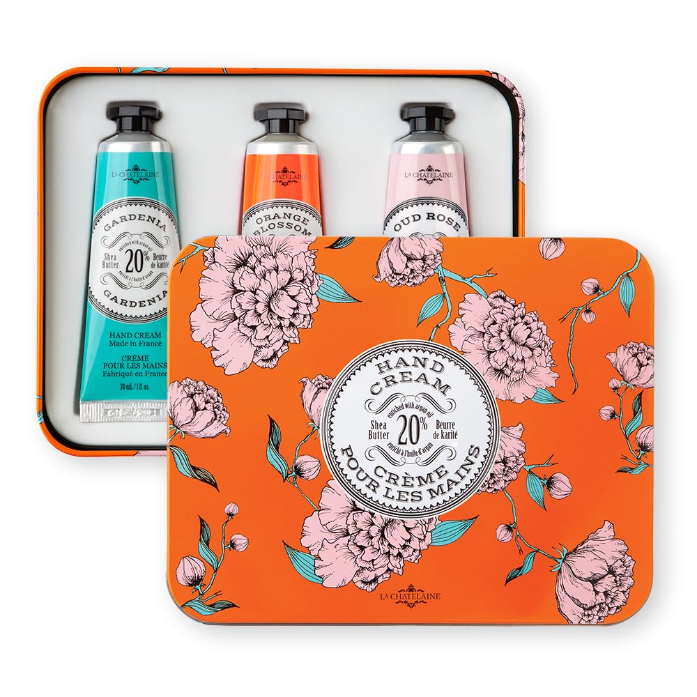 La Chatelaine Hand Cream Trio Tin, Gifts for Mom, Natural Hand Lotion Gift Set, Made in France with 20% Organic Shea Butter, Nourishing & Moisturizing (Gardenia, Orange Blossom, Oud Rose) 3 x 1 fl. oz - Image 2