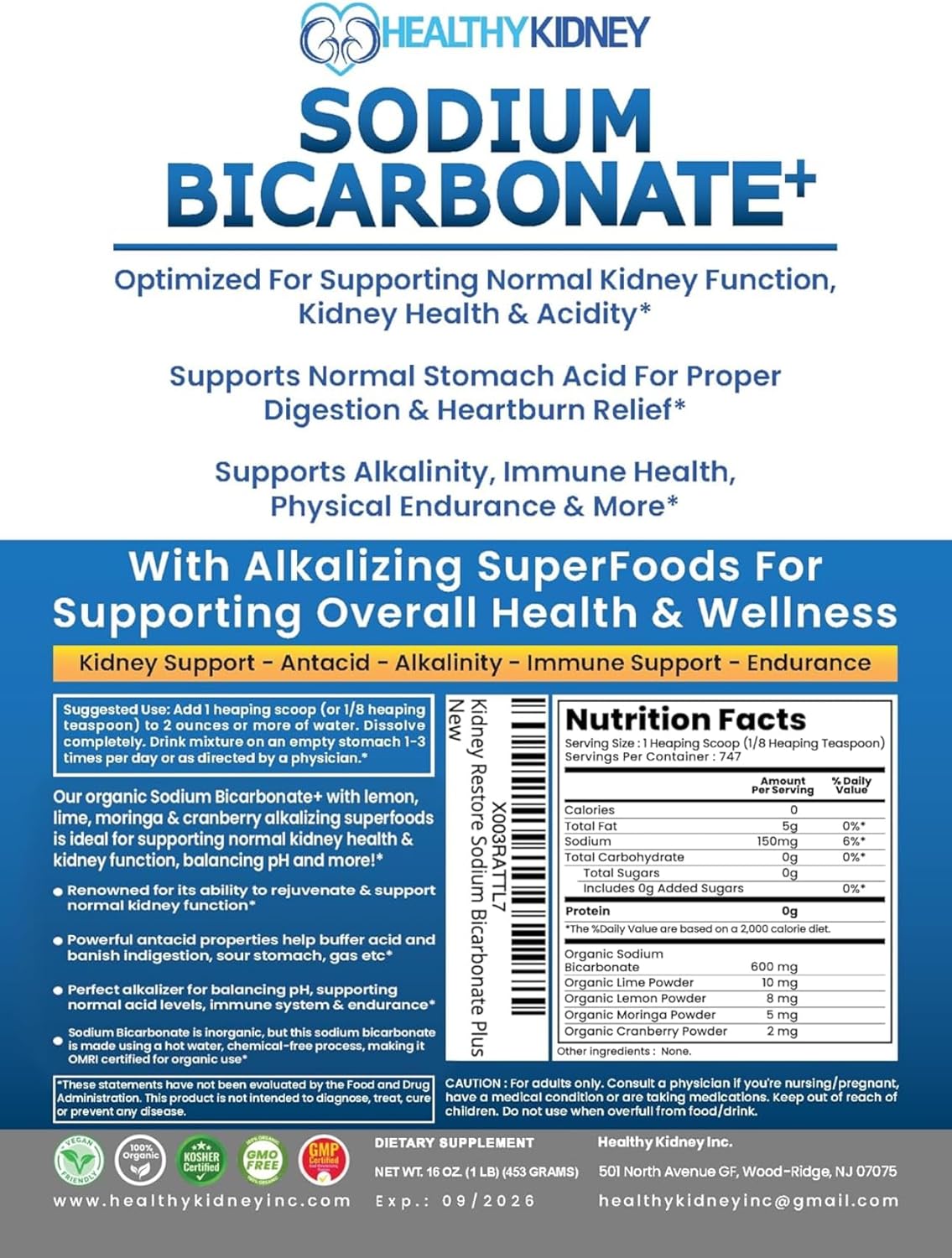 Organic Use Sodium Bicarbonate Alkaline Supplement for Alkalinity. Support Kidneys & Stomach Acid Neutralizer w/Alkaline Superfoods. Sodium Bicarbonate Powder Kidney Immune Support Antacid Sports 1LB - Image 3