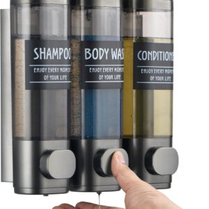 Shampoo and Conditioner Dispenser,GlintGath Shower Dispenser 3 Chamber No Drill Shampoo Dispenser for Shower Wall Mounted Shower Soap Dispenser for Bathroom Hotel,3 * 300ML,Gun Gray