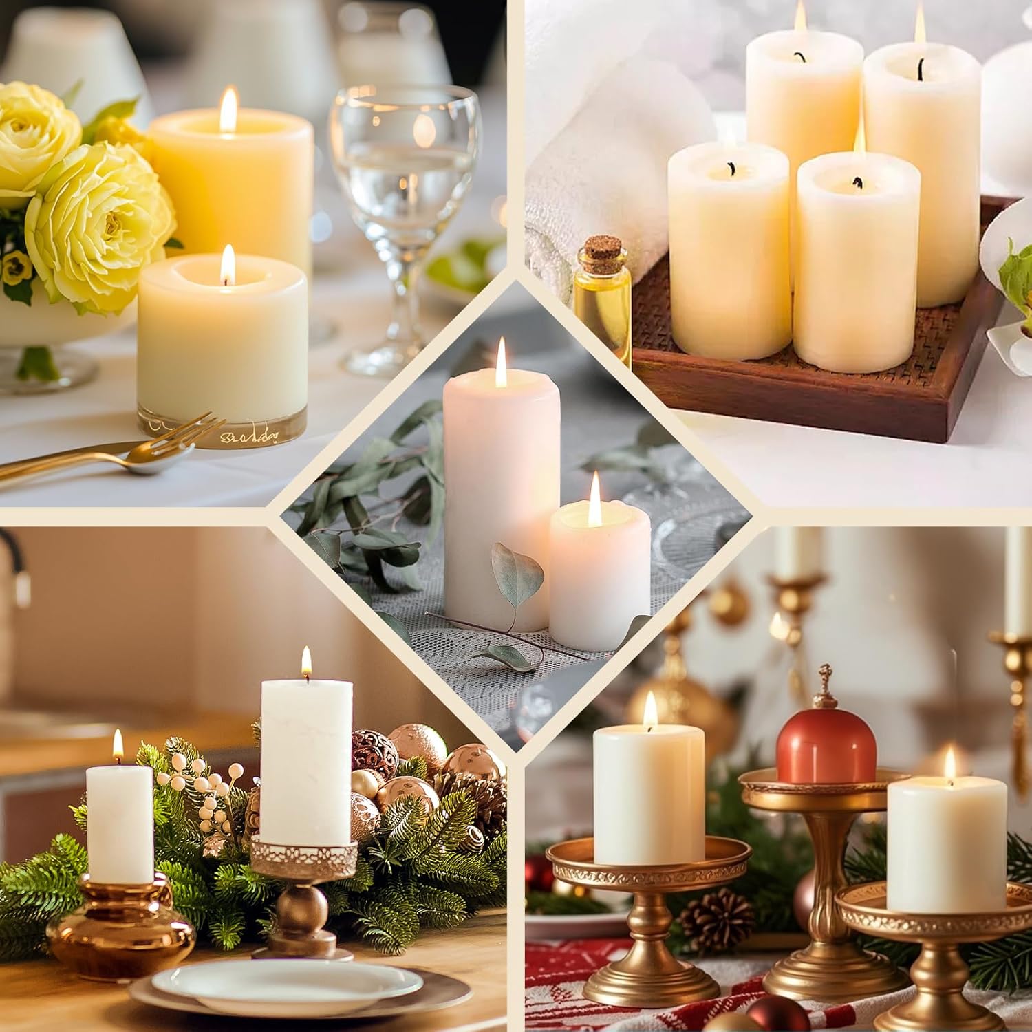 Uscented Pillar Candles, Ivory Pillar Candle Set of 4, 3 x 4 Inch Dripless and Smokeless Large Pillar Candles for Dinner Table, Christmas and Home Decor 55 Hours Long Burning Time - Image 7