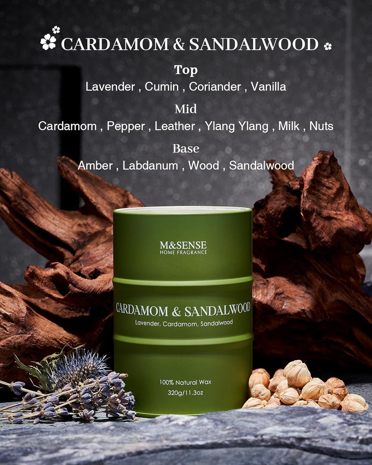 M&SENSE Cardamom Sandalwood Soy Scented Candles, Natural Organic Clean Burning Candles 11.3oz 70 Hours Long Lasting, Relaxing Aromatherapy Candles Gifts for Stress Relief - Image 2