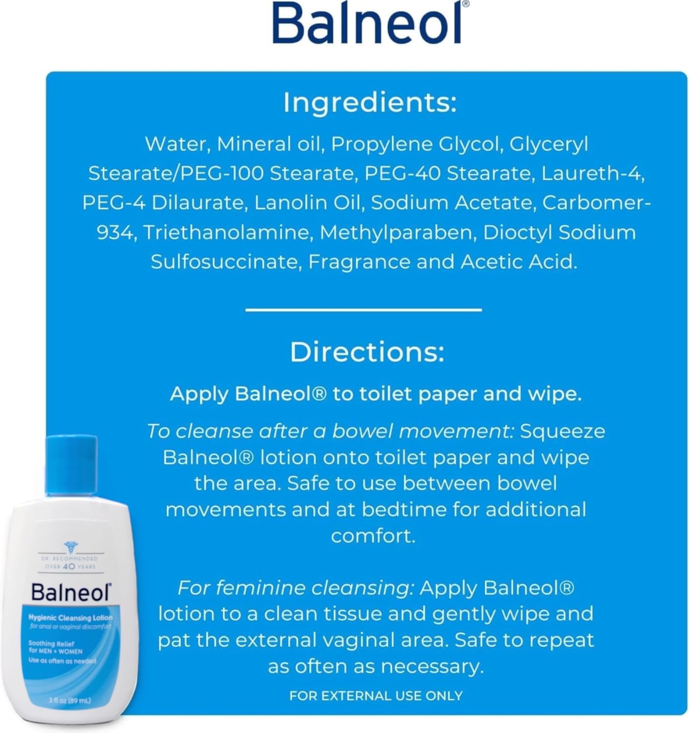 Balneol Hygienic Cleansing Lotion for Women and Men, Soothing Relief to Help With Pain Relief, Itch Relief, and Discomfort for Sensitive Areas, Made in USA, 3 oz - Image 4
