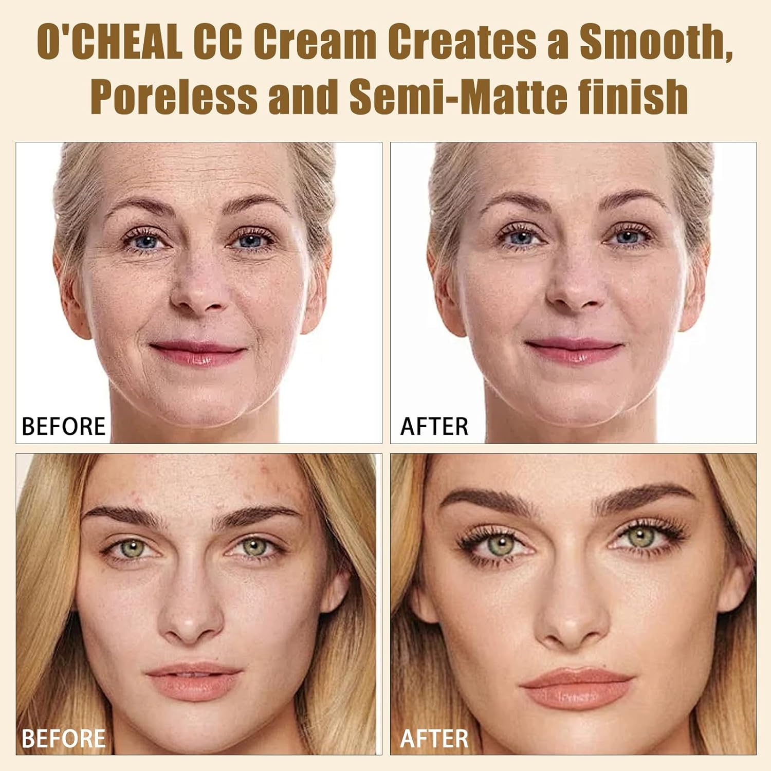 O'CHEAL CC Cream with SPF 50+, Hydrating Color Correcting Cream Full Coverage Lightweight Powder Foundation, Waterproof Long Lasting Pre-makeup Primer Facial Concealer Refine Skin Texture (Ivory) - Image 3
