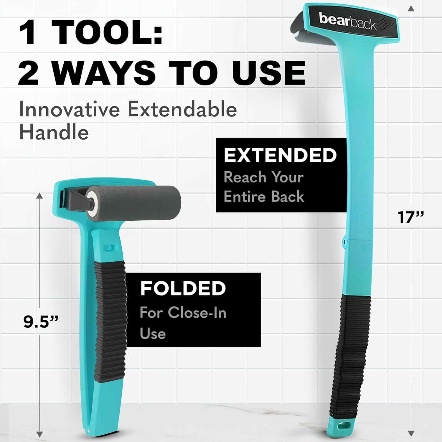 Teal Bearback Lotion Applicator for Back and Body with Folding Handle and 2 Foam Rollers - Image 4