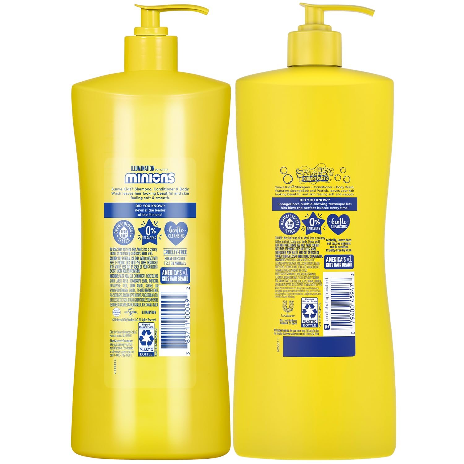 Suave Kids 3-in-1 Variety 2-Pack – Minions Fresh Fun + SpongeBob SquarePants JellyFish Splash Tear-Free Shampoo, Conditioner & Body Wash, 28 Oz Ea - Image 2