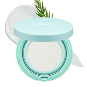 BRING GREEN Tea Tree CICA Facial Sun Cushion SPF 50+ PA++++ | Korean Mineral Sunscreen for Face | Non-Nano, Reef-Safe, Redness Correcting with Zinc Oxide | Travel Size Sun Protection