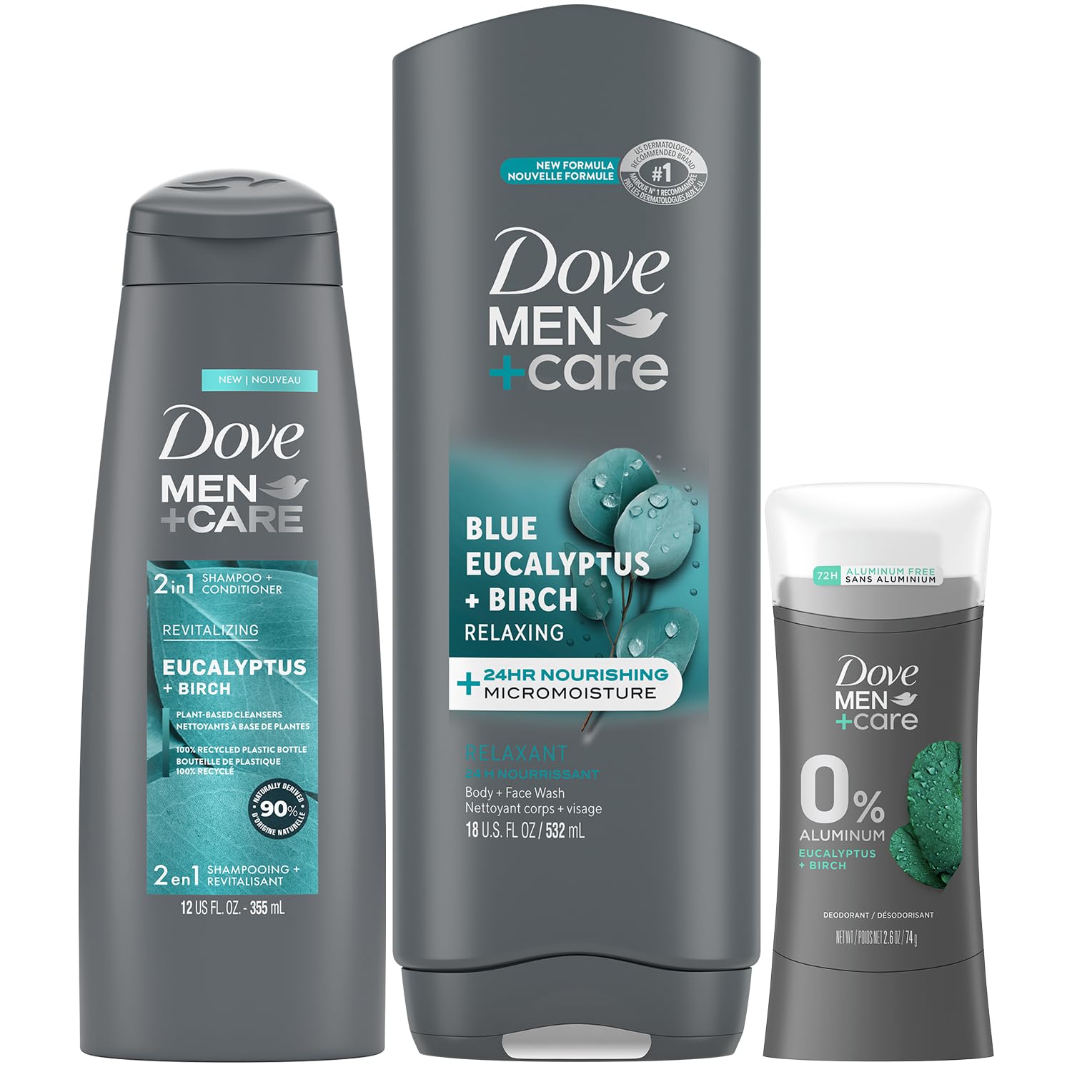 Dove Men + Care Bundle – Blue Eucalyptus + Birch Body + Face Wash, 2-in-1 Shampoo + Conditioner & 48H Aluminum-Free Deodorant (3 Piece Set) - Image 2