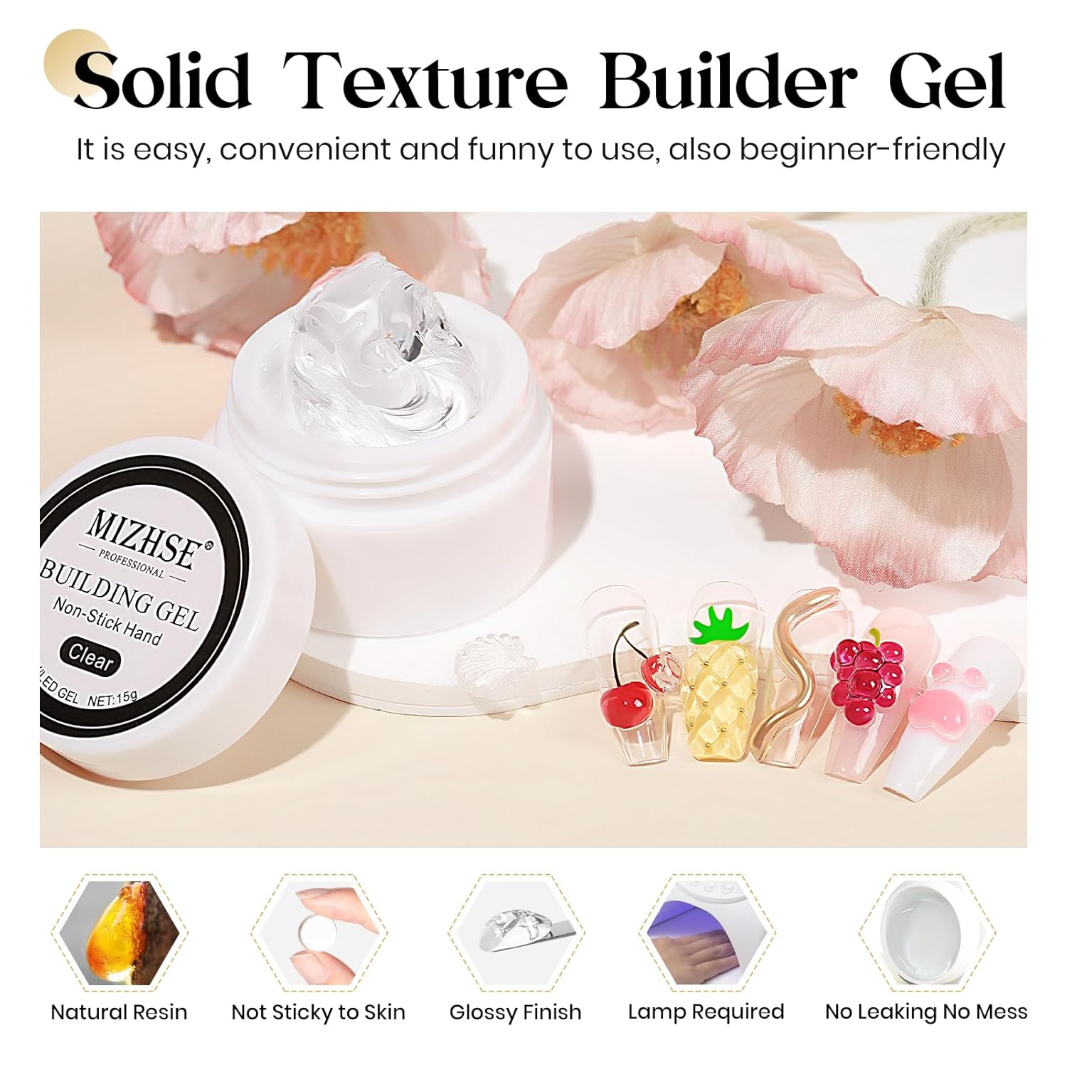 MIZHSE Solid Builder Gel for Nails, Clear Non-Sticky Sculpting Gel, 3D Nail Art Carving Building Modeling Hard Nail Extension Soak Off UV/LED Nail Art Salon Home DIY 15g - Image 3