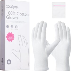 COOLJOB 6 Pairs 100% Cotton Gloves for Dry Hands Moisturizing & Eczema, Overnight Lotion, Sleep & Spa Treatment for Women & Men, Breathable Work Glove Liners, White, Small