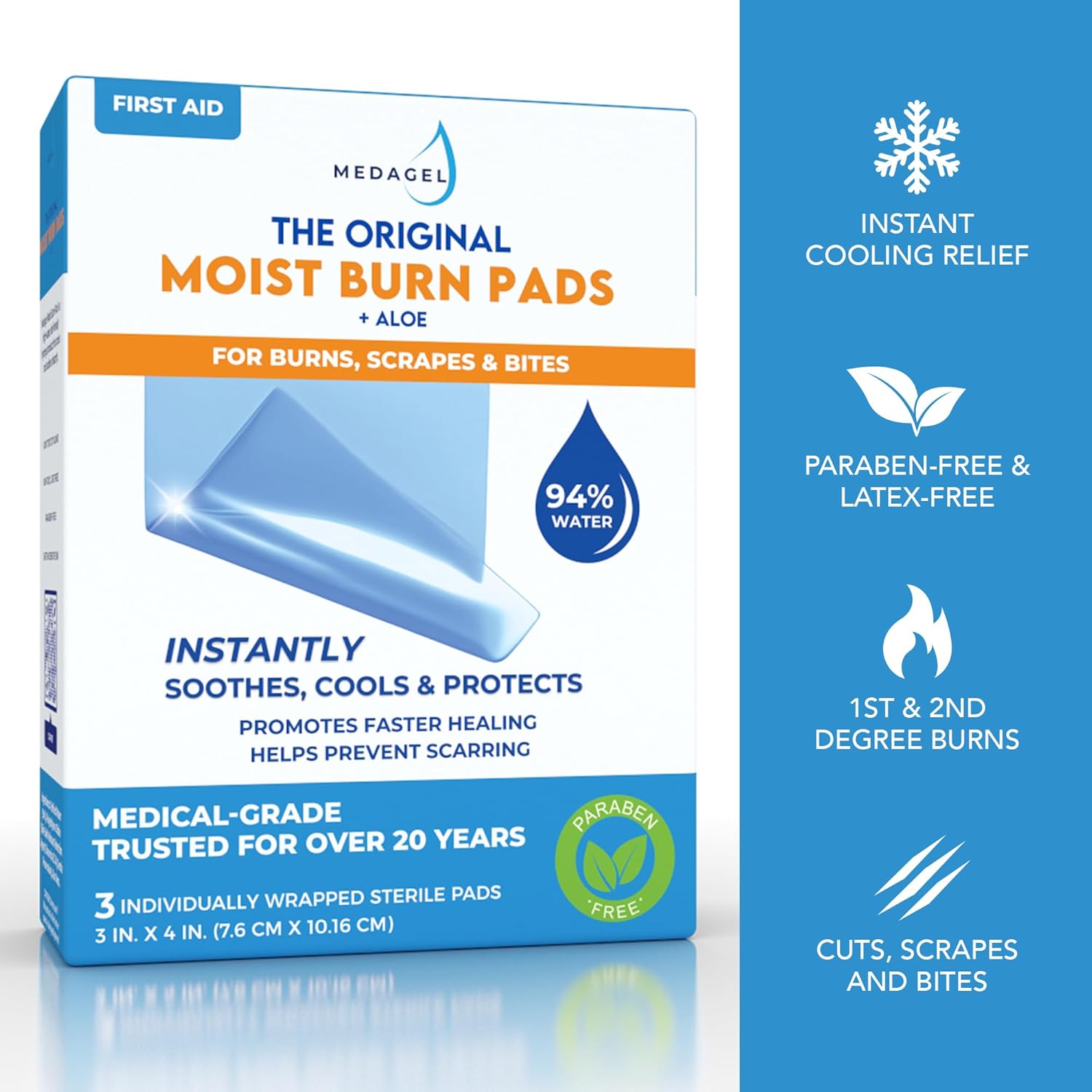 The Original Moist Burn Pad - Hydrogel Healing Pads, Soothing & Moist Skin Care Patch for Burns & Wounds, 2” x 3” Dressing - Image 3