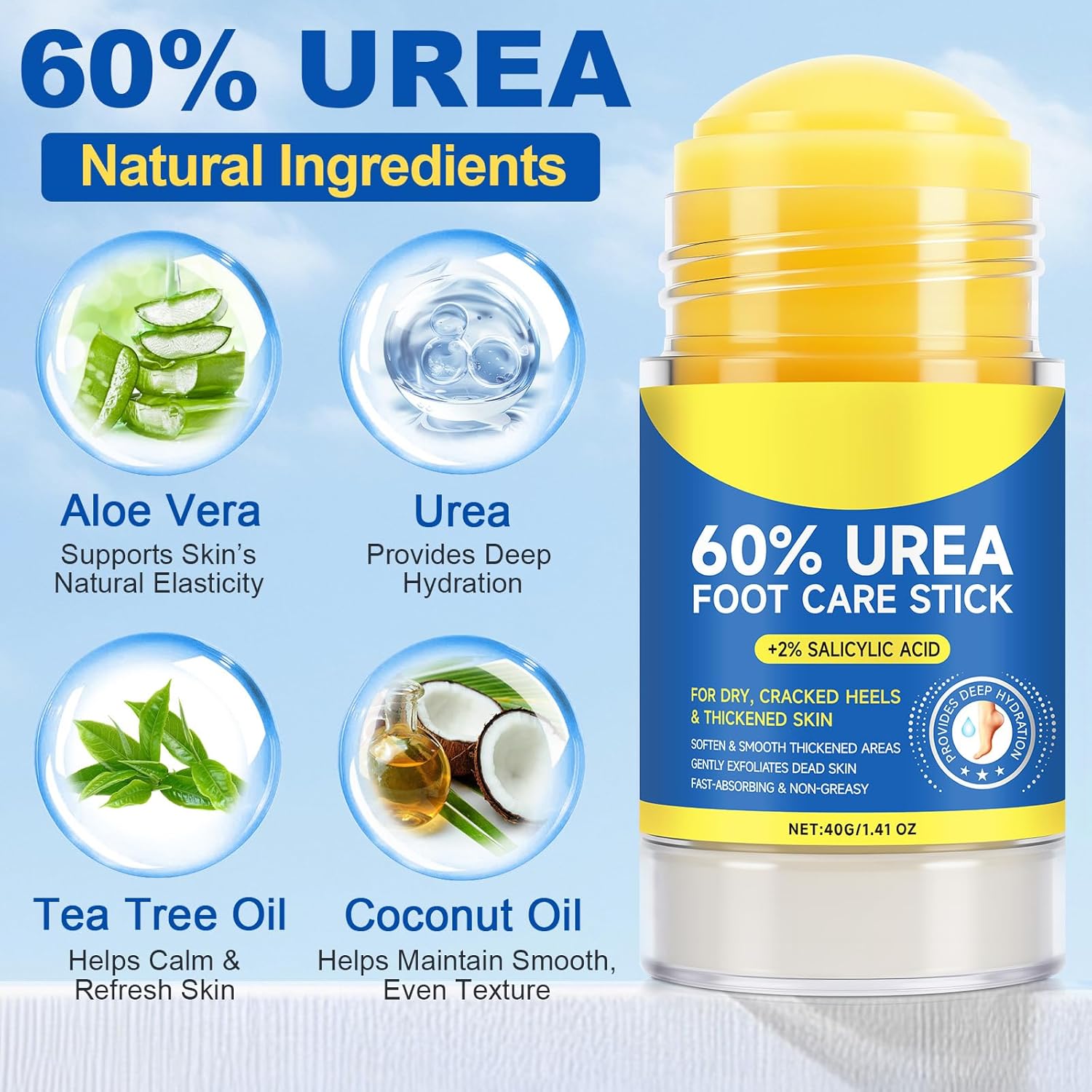 Urea Cream Stick 60% Salicylic Acid 2% for Cracked Heels and Dry Skin 1.5 oz - Image 2
