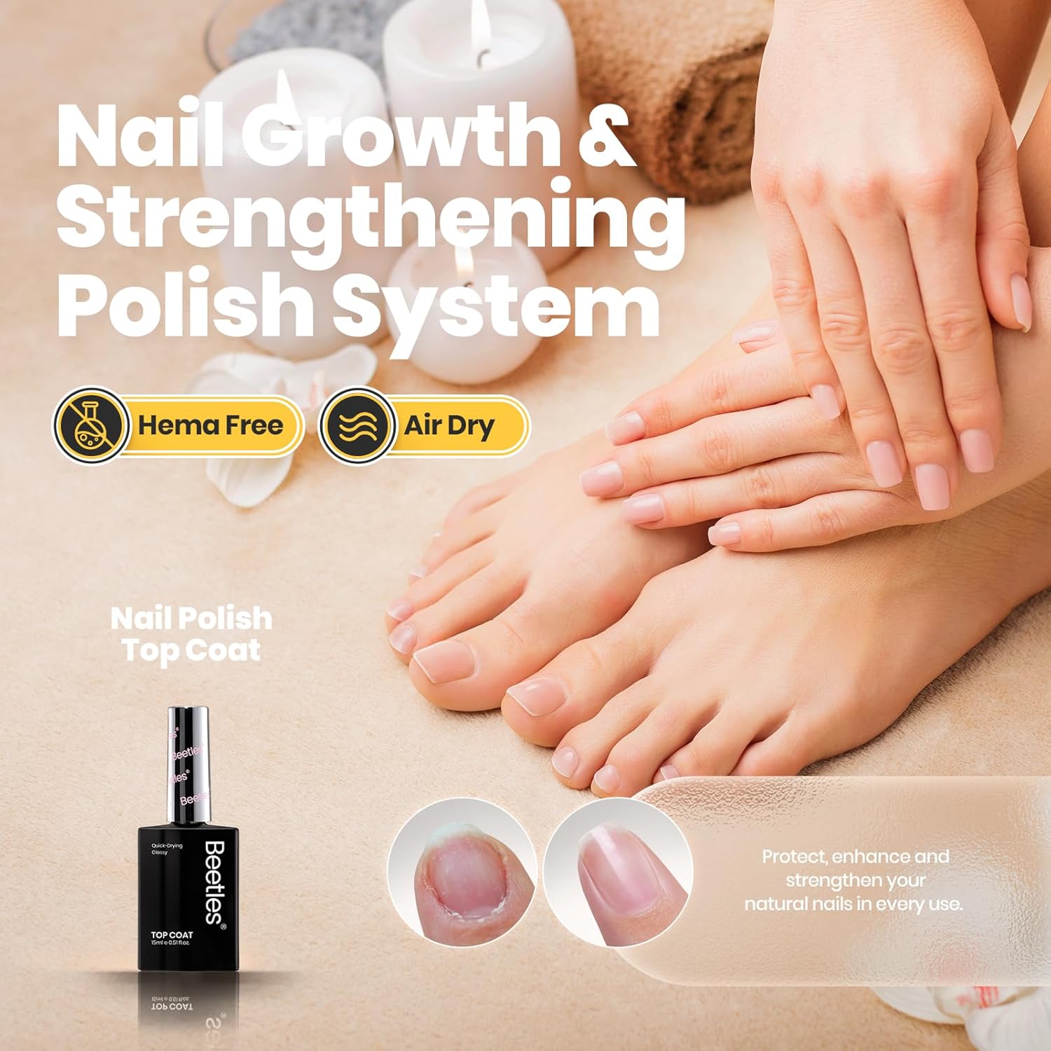 Beetles 2 in 1 Base & Top Coat Nail Polish, Clear Nail Polish Fast Drying & Natural Nail Strengthen, Glossy Effect for Nail DIY Salon at Home Gifts for Women - Image 2
