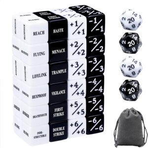 52 Pieces MTG Keywords Counter Dice and Magic The Gathering Life Counter Tokens Dice Set in Black and White with 4 D20 for MTG, TCG, Cards Gaming Accessories