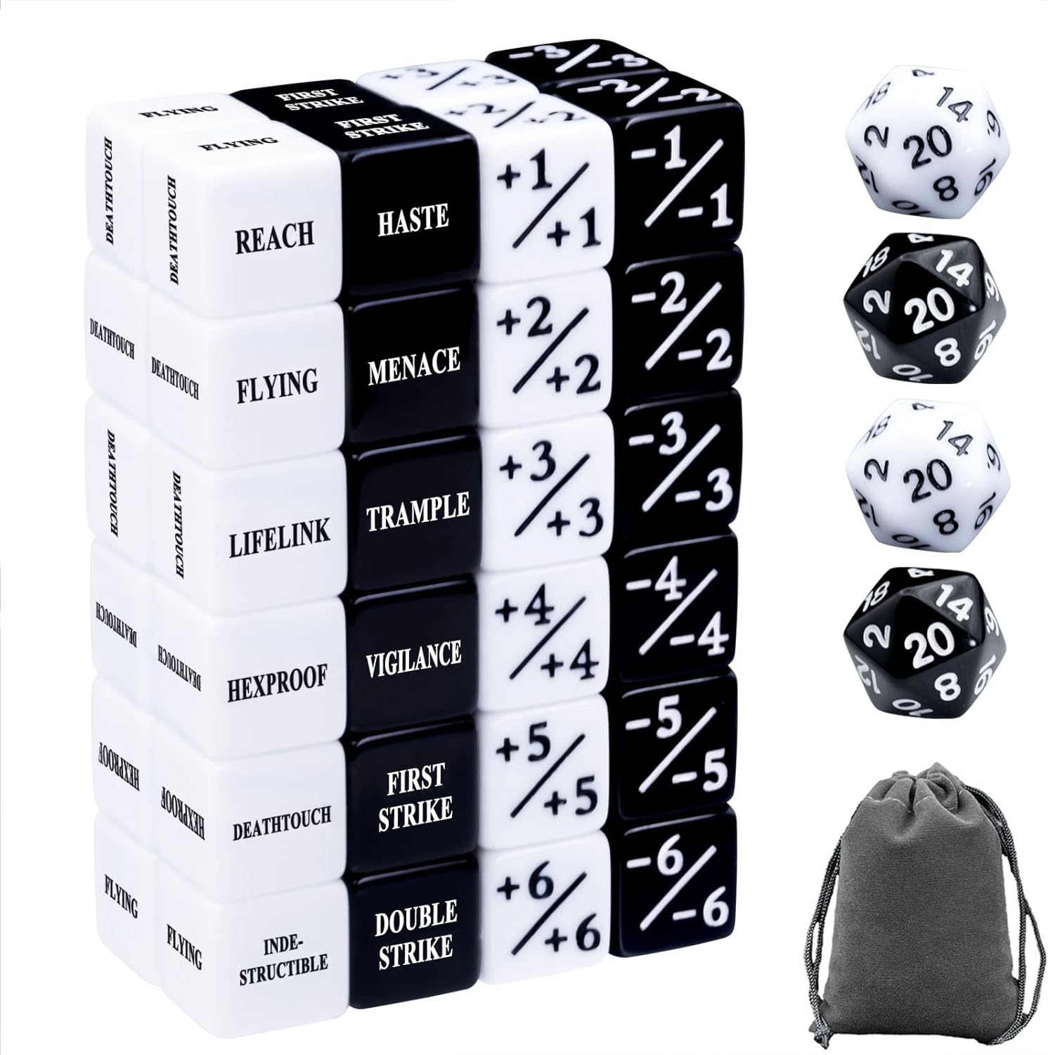 52 Pieces MTG Keywords Counter Dice and Magic The Gathering Life Counter Tokens Dice Set in Black and White with 4 D20 for MTG, TCG, Cards Gaming Accessories