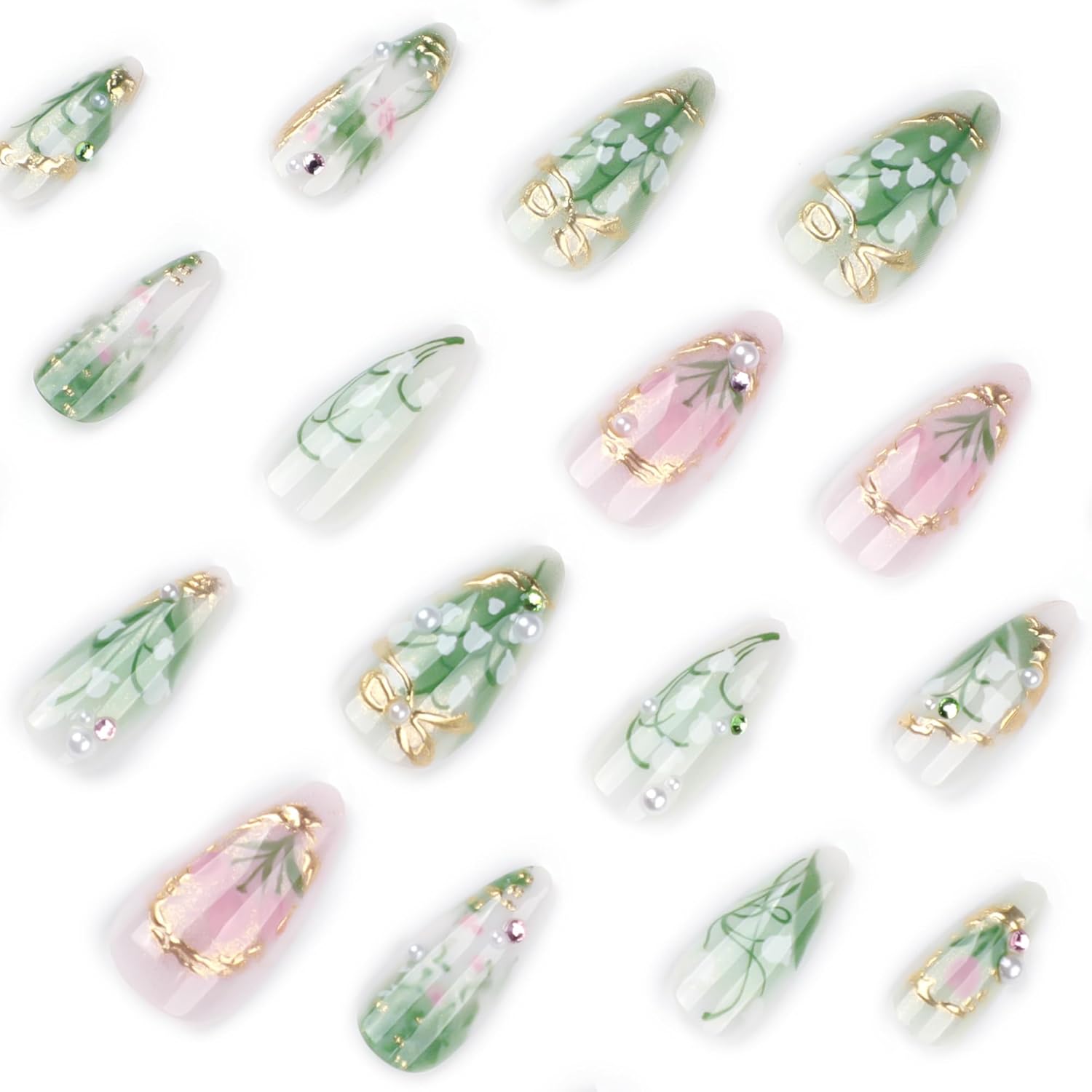 Medium Almond Green Press-On Nails with 3D Pearl Rhinestones and Gold French Tips, 24 Count - Image 3
