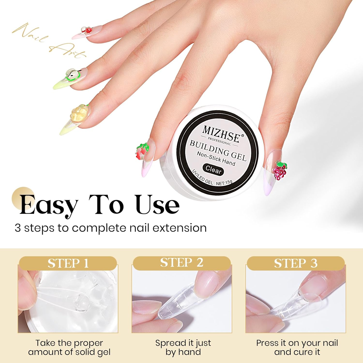 MIZHSE Solid Builder Gel for Nails, Clear Non-Sticky Sculpting Gel, 3D Nail Art Carving Building Modeling Hard Nail Extension Soak Off UV/LED Nail Art Salon Home DIY 15g - Image 6
