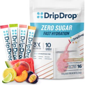 DripDrop Sugar Free Hydration Packets - Zero Classic Variety Pack - Single Serve Electrolytes Powder Drink Mix - Lemon Lime, Watermelon, Peach, Passion Fruit - Non-GMO, Gluten Free, Vegan - 16 Sticks