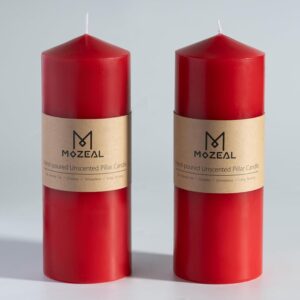 MOZEAL 3" x 8" Hand-Poured Unscented Candles,Large Red Pillar Candles Set of 2,No Drip,Approx 120 Hours Long Burning,Wedding,Dinner,Christmas and Home Decor（3 Inch Diameter 8 Inch Height）
