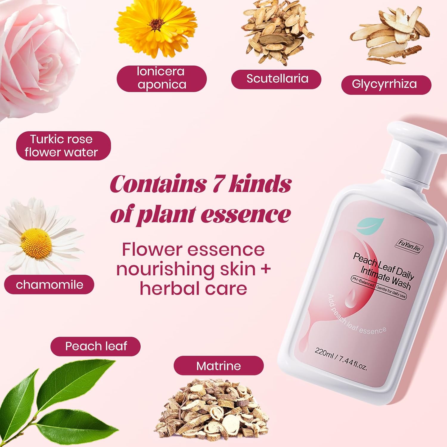 FuYanJie Peach Leaf Feminine Wash For intimate area Hygiene and Itchy, pH Balanced Body Wash with Lactic Acid For Sensitive Skin, Gentle Hydration, Odor Neutralization & Daily Hygiene, 220ml/7.44oz - Image 4