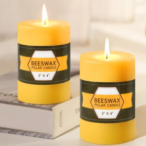 2 Packs Natural Beeswax Pillar Candles,100% Pure Bees Wax Candles 120-140 Hours Long Burn Time Unscented Beeswax Candle Smokeless Dripless Candle for Relax Home Decor Paryer, 3x4in