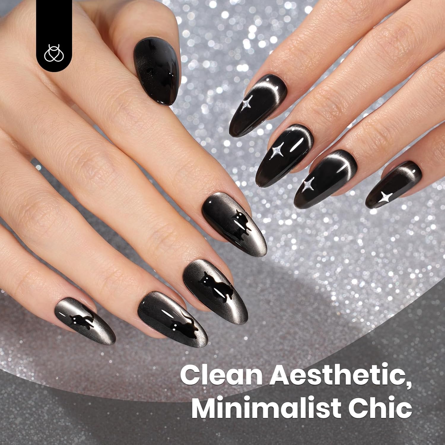 Beetles Black Cat Eye Gel Polish, 15ML Black Glass Cat Eye Glitter Gel Polish with Magnet Shimmer Translucent Sheer Color Soak Off UV Midnight Sands Series French Nail Art Dsign Gift for Women - Image 4