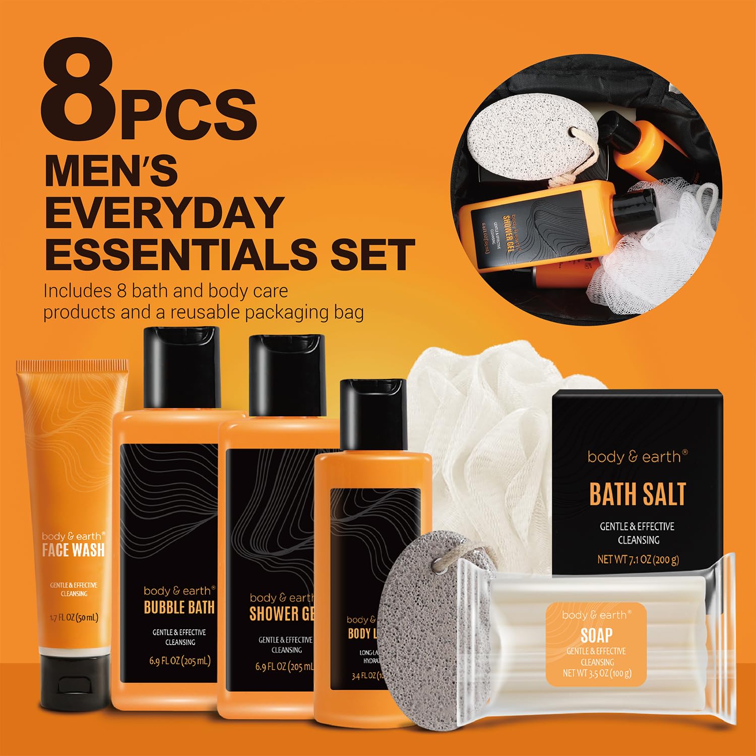 Men's Citrus Scented Bath and Body Gift Set with Lotion, Wash, Gel, Bubble Bath, Loofah - Image 3