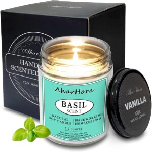 Basil Scented Candle, 7.2oz | Natural Soy Wax | 7% Plant Essential Oils | 55 Hours Burn Time | for House Energy Cleansing - Healing Spirit