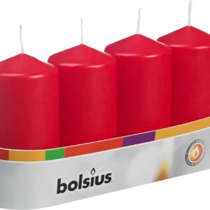 BOLSIUS 4 Count 2x4 Inch Red Pillar Candles - 20 Hours Burn Time - Premium European Quality - Unscented Dripless and Smokeless Wedding, Party, Dinner, Restaurant, and Special Occasion Candle Set