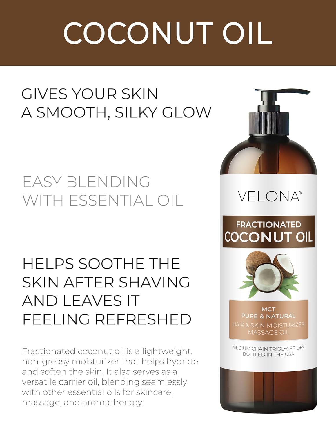 velona Coconut Oil 16 Fl Oz | 100% Pure and Natural Carrier Oil | Fractionated | Skin, Face, Body, Hair Care | Use Today - Enjoy Results - Image 2