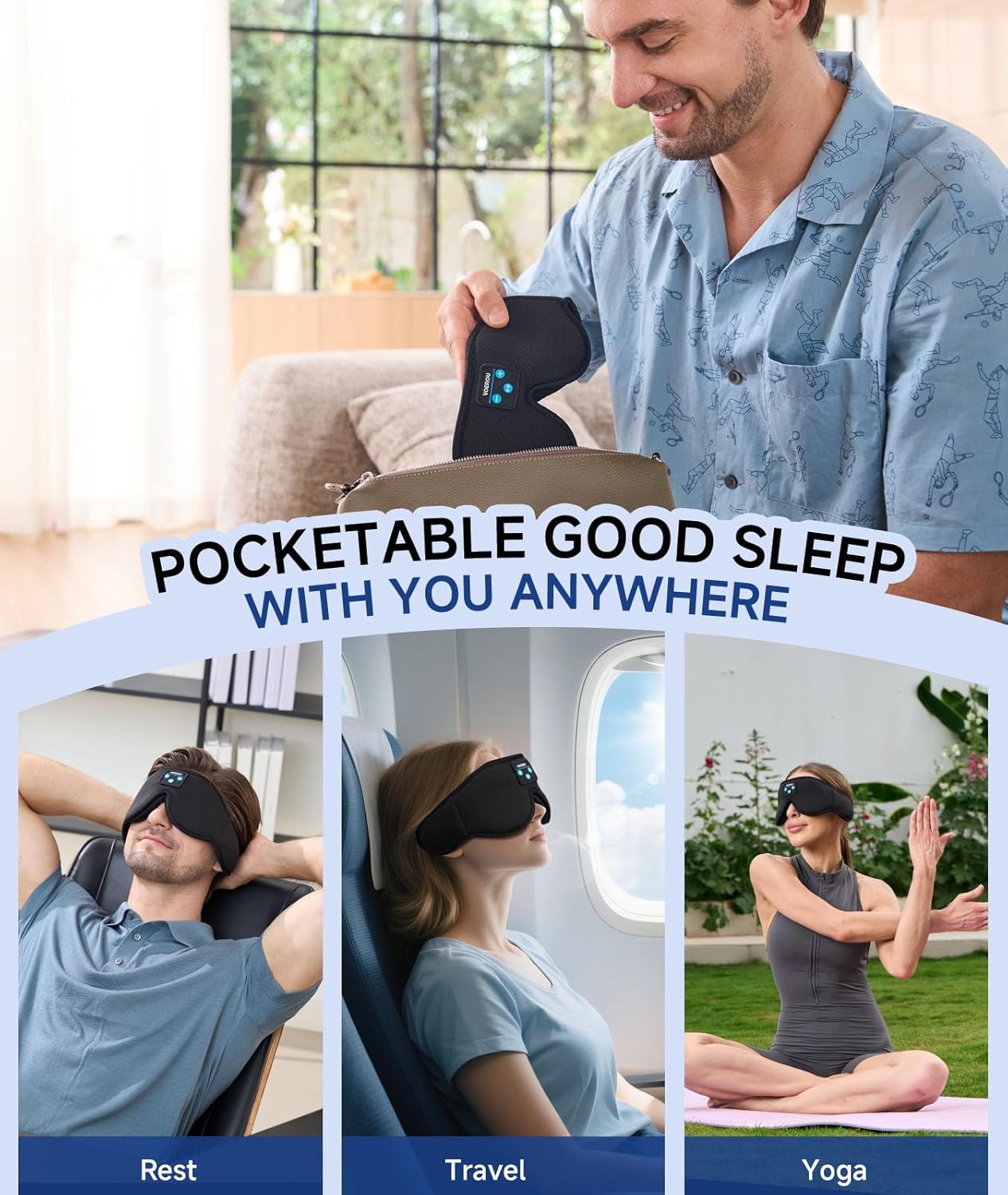 Voerou Sleep Headphones 3D Mask with Bluetooth, Adjustable Wireless Eye Mask for Sleeping for Women Men, Sleeping Headphone with Ultra-Thin Stereo Speakers Perfect for Sleep Naps - Image 8