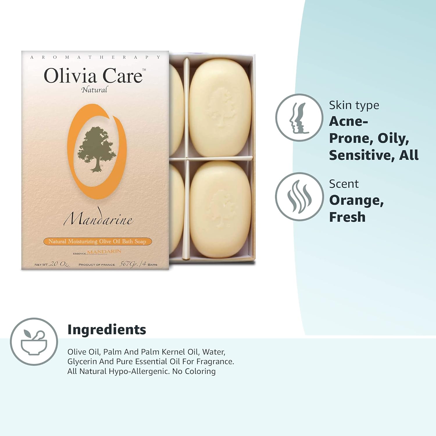 Olivia Care Mandarin Organic Vegan Natural Soap 4 oz Bars 4 Pack Gift Set for Sensitive Skin - Image 7
