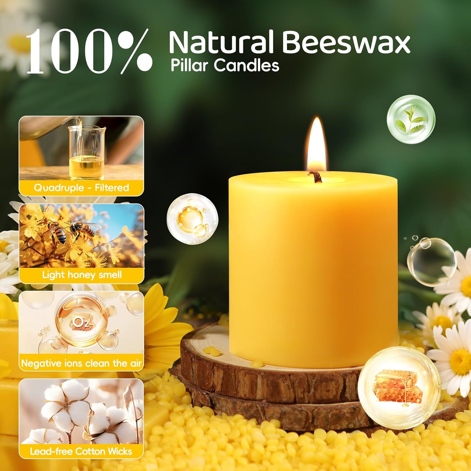 4 Pack 2x2 Inch Pure Beeswax Pillar Candles, 80 Hour Unscented Burn Time - Image 2