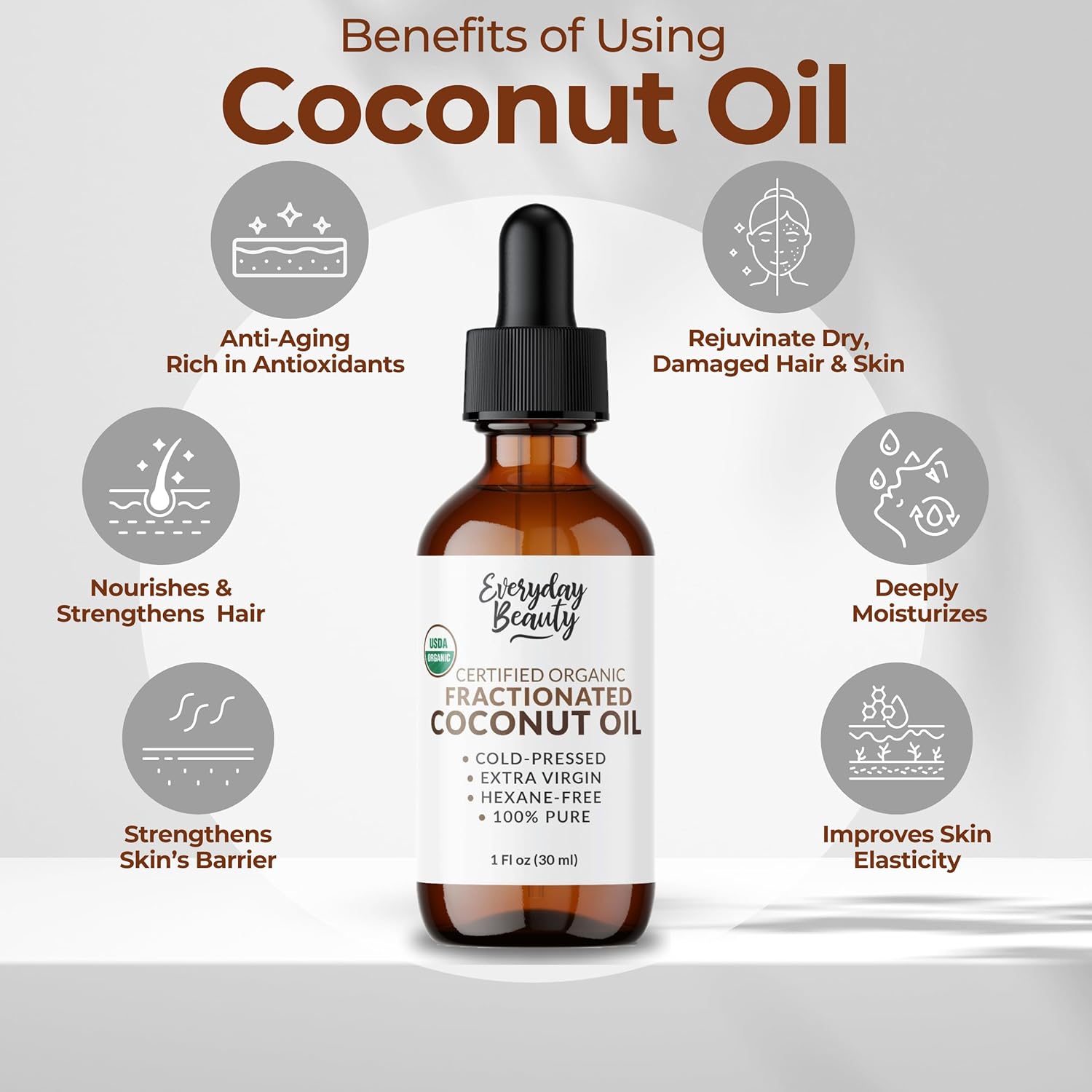 Organic Fractionated Coconut Oil | 100% Pure, Cold-Pressed | USDA Certified Organic | Amber Glass Bottle with Glass Dropper | For Face, Skin, & Hair - 1 Fl Oz - Image 5