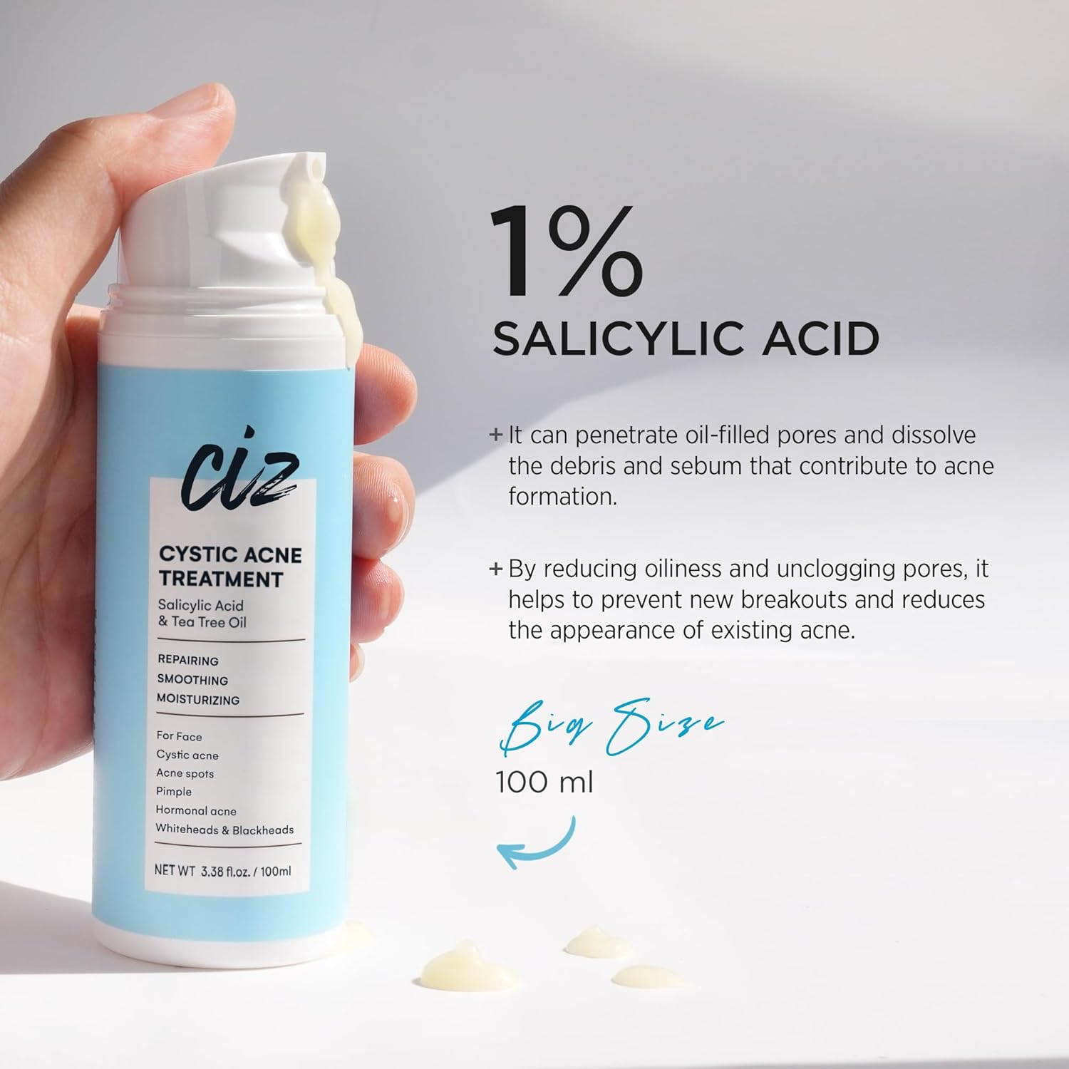Acne Treatment for Face: Cystic Acne Spot Control Cream with Salicylic Acid & Tea Tree Oil for Blemishes - Gentle Hormonal & Pimple Treatment for Teens & Adults - 120 Day Supply & 3.38oz - Image 2
