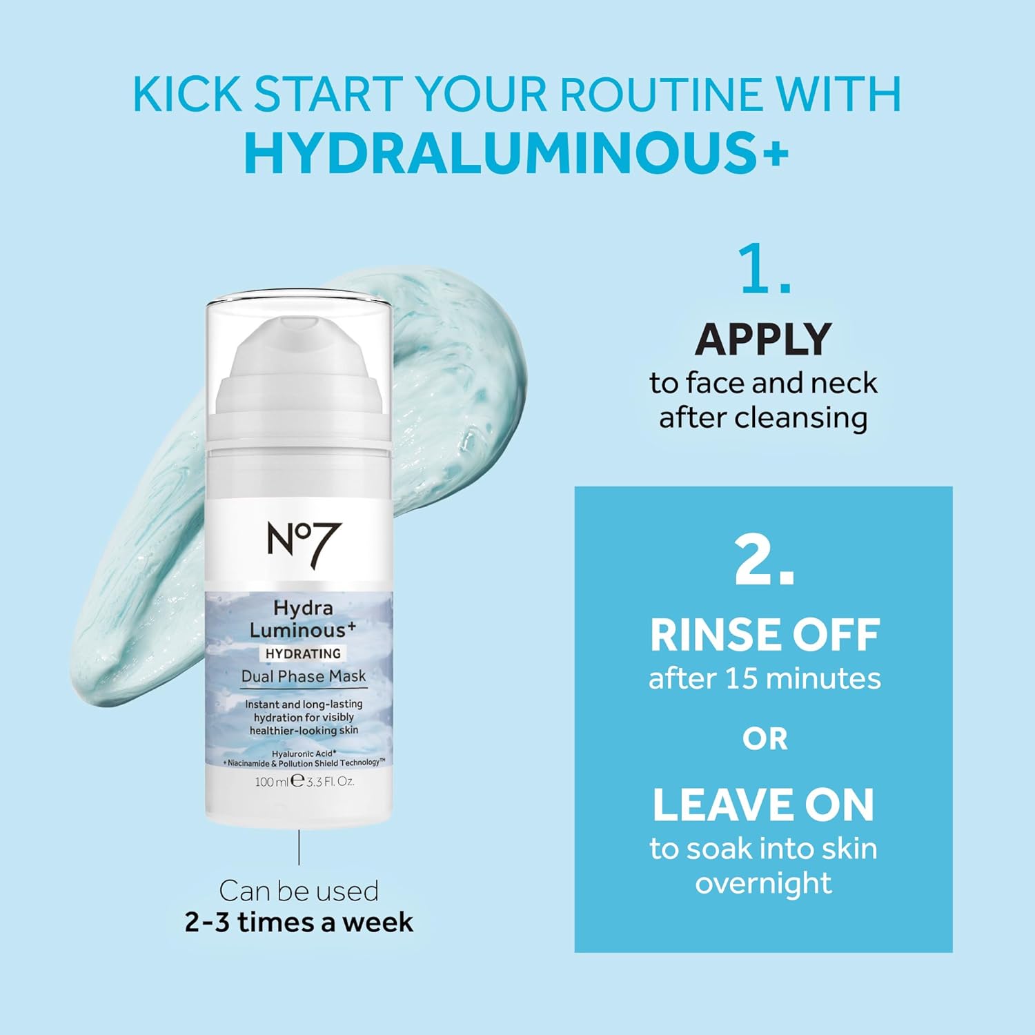 No7 HydraLuminous+ Hydrating Dual Phase Face Mask Hyaluronic Acid Vitamin B3 3.5 Fl Oz - Image 5