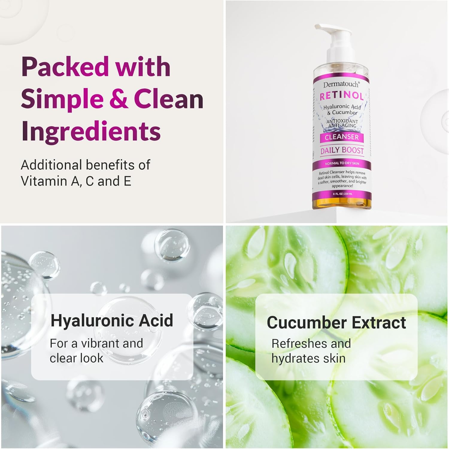 DERMATOUCH Retinol Face Cleanser 8 oz with Hyaluronic Acid, Cucumber and Vitamins - Image 4
