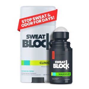 SweatBlock Antiperspirant Deodorant System | MAXIMUM CLINICAL STRENGTH for Men & Women | Hyperhidrosis Aid for up to 7 Days Sweat Control | Roll On 1.2 fl oz + 48 Hour Odor Protection Stick 2.7oz
