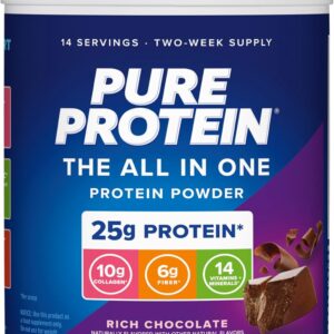 Pure Protein All-In-One Powder, Rich Chocolate - Whey & Collagen, High Fiber, Vitamins, No Added Sugar, Non-GMO, Gluten-Free, 1.25lb