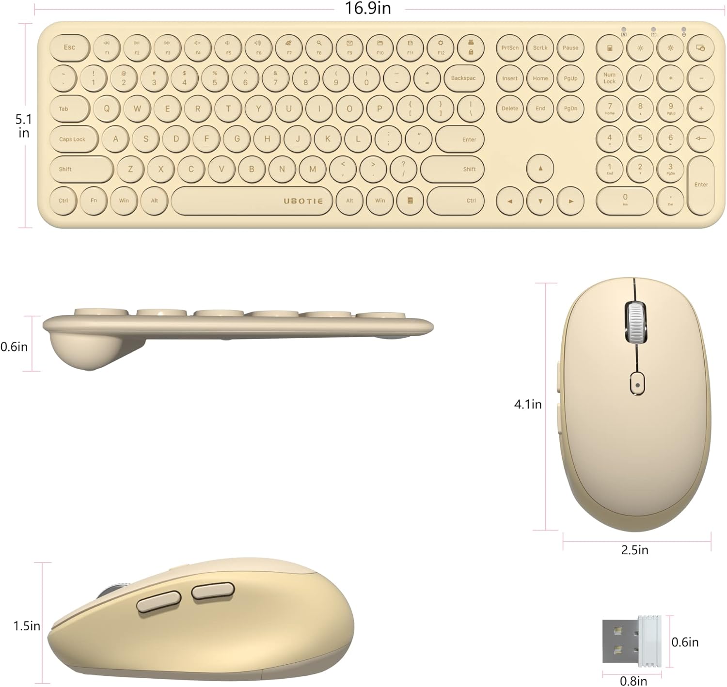 UBOTIE Wireless Keyboards and Mouse, Quiet Scissor Switches Slim Keyboards Mice Set, Silent Full Size 111 Round Keycaps with Adjustable DPI Mouse, Power On/Off Button for PC Laptop (Light Khaki) - Image 7