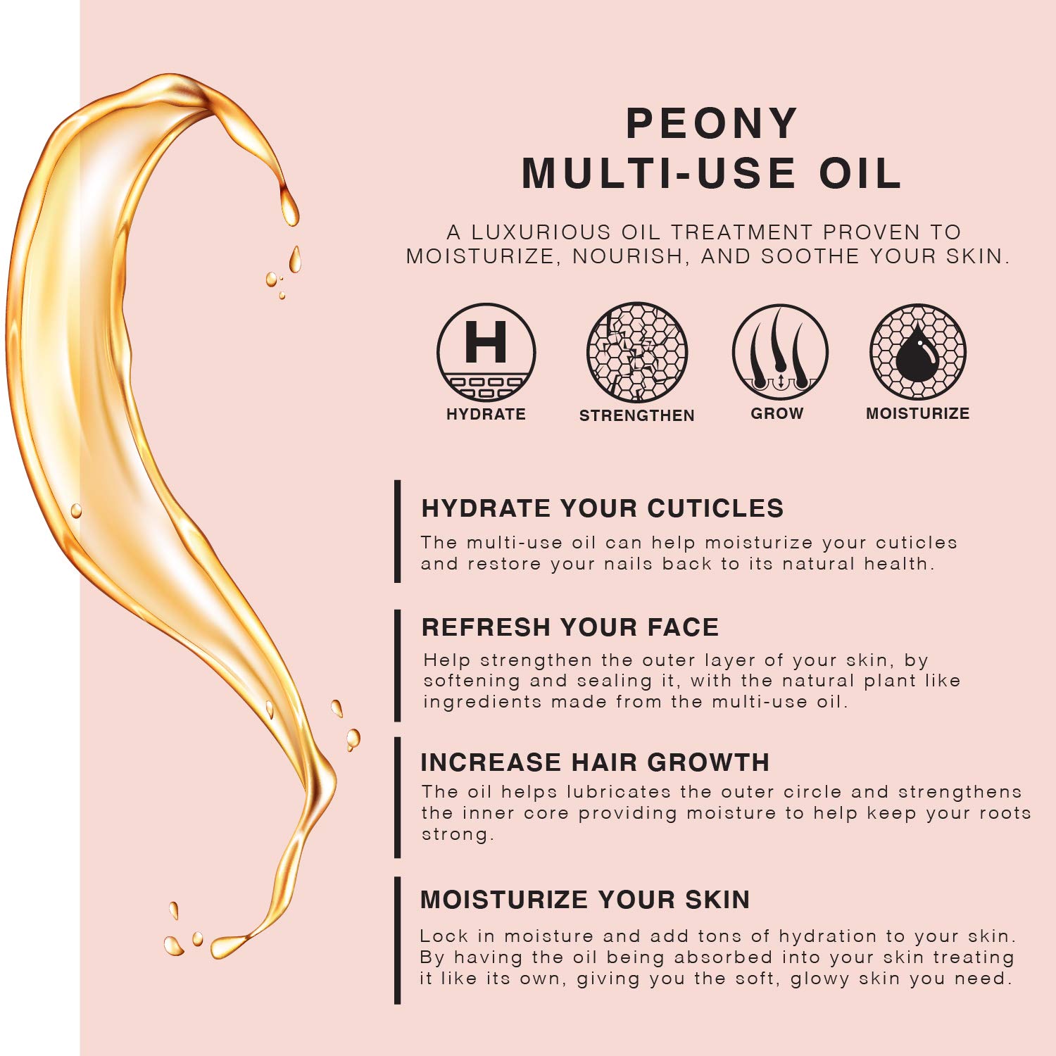 Peony Multi-Use Oil for Face, Body and Hair - Organic Blend of Apricot, Vitamin E Sweet Almond Oil for Dry Skin, Rose Petals & Bergamot Essential Oil - 4 Fl Oz - Image 3
