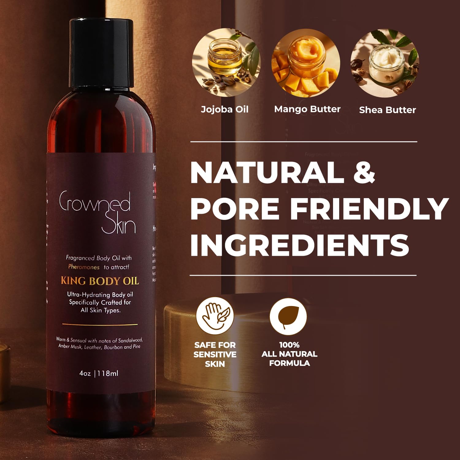 King Cologned Body Oil | Warm and Sensual Scent | Blended with Sandalwood & Leather | Infused with Jojoba and Grapeseed Oil | Moisturizing Formula with All-Day Fragrance | 4oz - Image 4