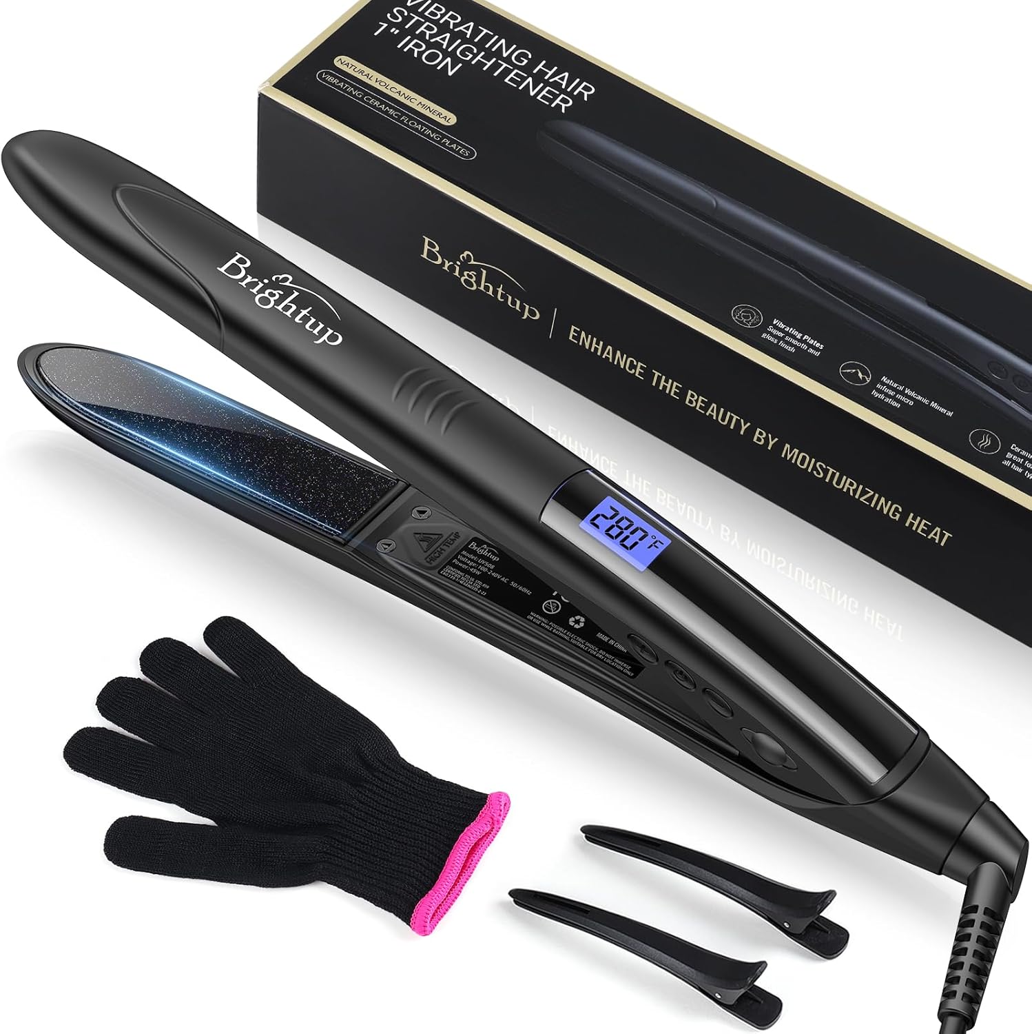 Brightup Tourmaline Ceramic Hair Straightener and Curler 2 in 1 with 1" Vibrating Plates, Ionic Flat Iron with 10 Temp Control/Auto Shut Off, 20S Fast Heating for Smooth Salon Results, Black