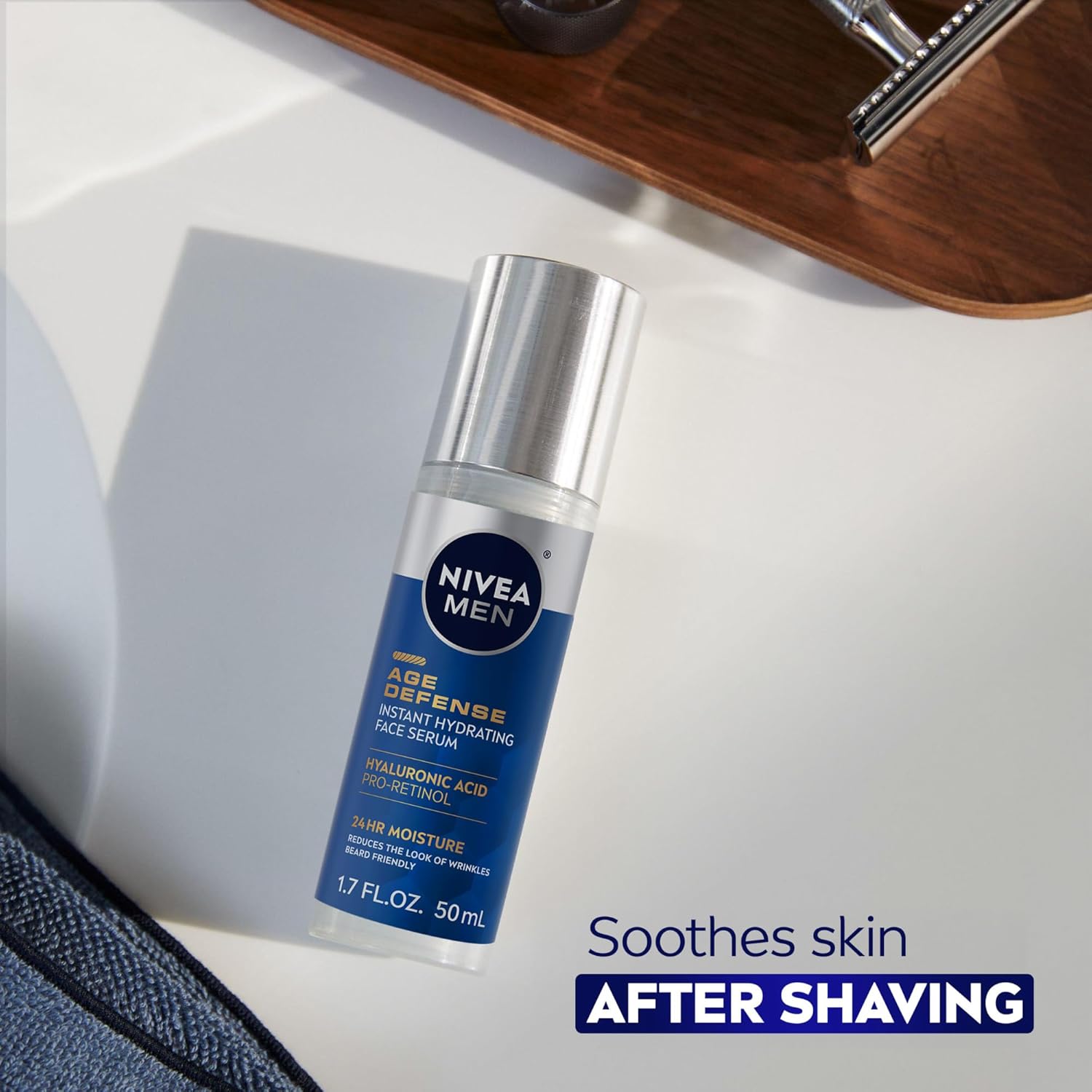 NIVEA MEN Age Defense Instant Hydrating Face Serum for Dry Skin, With Pro-Retinol and Hyaluronic Acid, Skin Care Gifts for Dad, Helps Reduce Look of Fine Lines and Wrinkles, 1.7 Fl Oz Bottle - Image 6